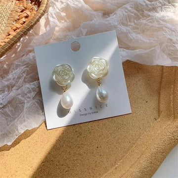 DAIIIBABYYY  -  South Korea New Temperament White Camellia Long Dangle Earring Elegant Water Drop Pearl Flower Earrings For Women Jewelry